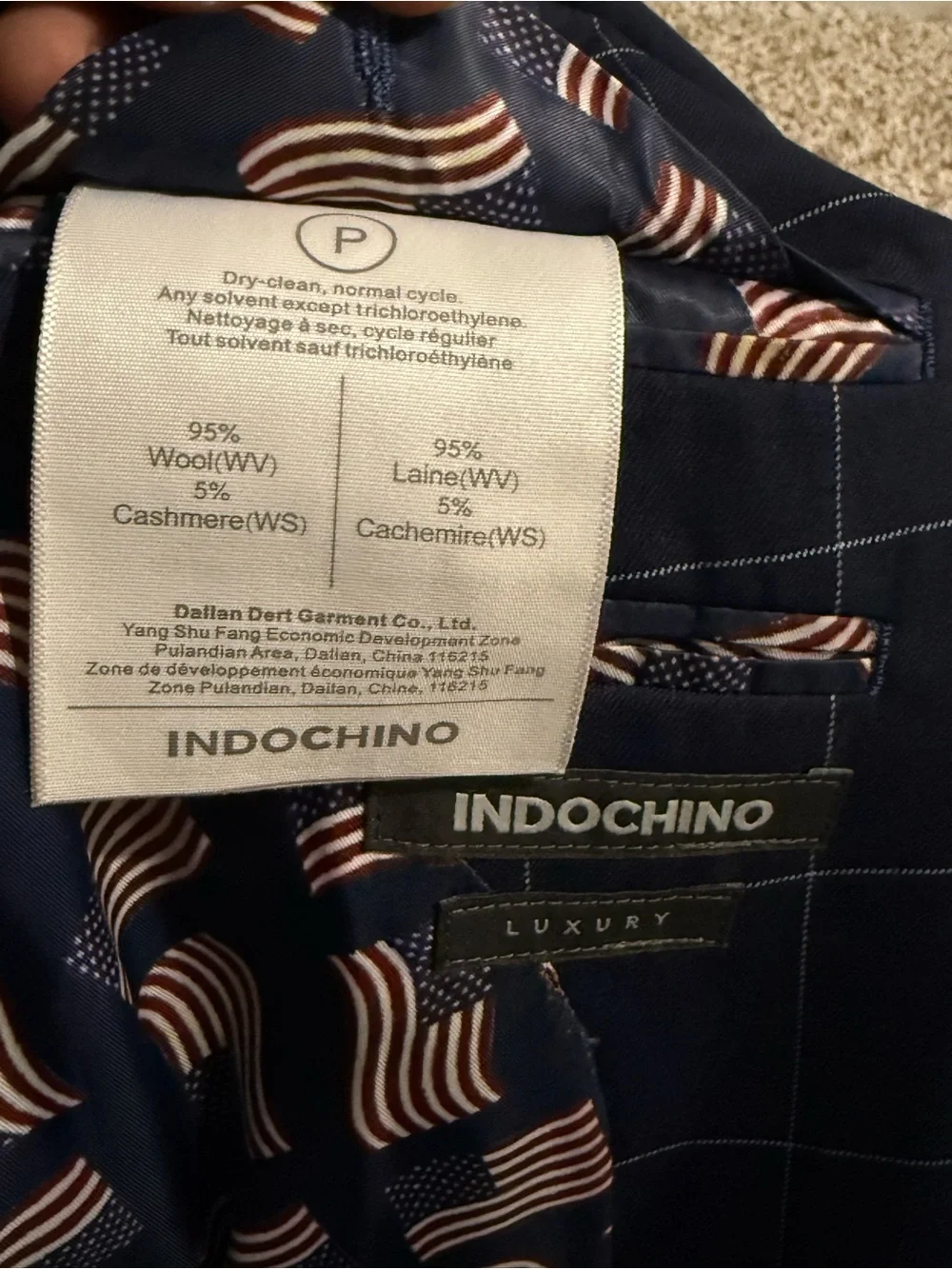 INDOCHINO Custom Wool Suit 40R 34x30 Navy Harrogate Windowpane US Flag Lining